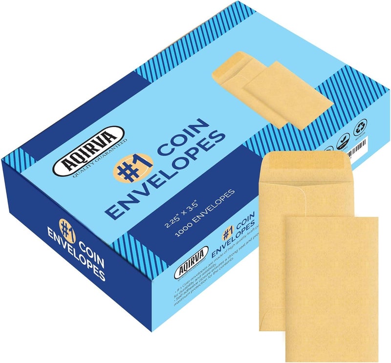 Aqirva #1 Coin Envelopes 1000 Pcs - 2.25×3.5 Inches – Thick & Heavy-Duty Gummed Flapped Kraft Envelopes – Perfect for Coins, Money, Seeds, Home, Office, Wedding & Pocket Use - Image 1